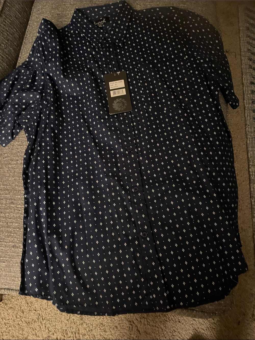 Men's Navy Short-Sleeve Button-Down Shirt with Micro Diamond Print
